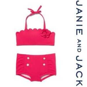 Janie + Jack | "Bright Pink" Scalloped Halter 2-Piece Swimsuit | Size 6-12 Month